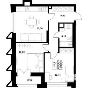 2-к квартира, строящийся дом, 56м2, 8/17 этаж