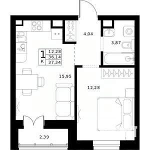 1-к квартира, строящийся дом, 37м2, 2/24 этаж