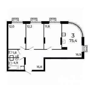 3-к квартира, вторичка, 75м2, 4/19 этаж