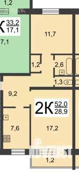 2-к квартира, вторичка, 52м2, 2/5 этаж