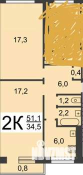 2-к квартира, вторичка, 51м2, 2/5 этаж