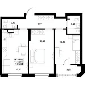 2-к квартира, строящийся дом, 65м2, 6/17 этаж