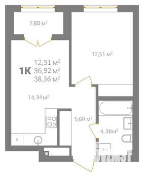1-к квартира, вторичка, 38м2, 2/18 этаж