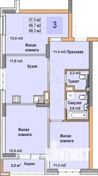 3-к квартира, вторичка, 68м2, 4/25 этаж