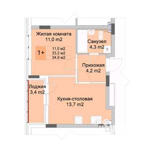 1-к квартира, строящийся дом, 35м2, 7/10 этаж