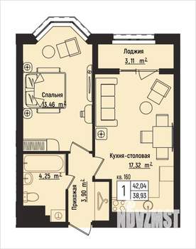 1-к квартира, вторичка, 42м2, 5/15 этаж