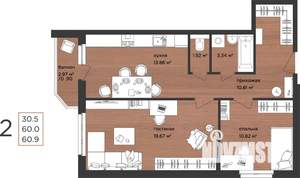 2-к квартира, строящийся дом, 61м2, 1/15 этаж