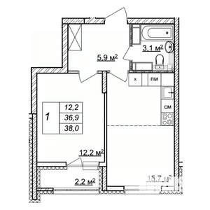 1-к квартира, строящийся дом, 38м2, 23/25 этаж