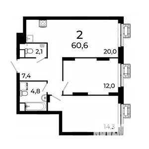 2-к квартира, вторичка, 61м2, 12/19 этаж