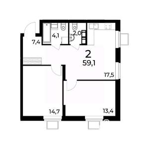 2-к квартира, вторичка, 59м2, 15/15 этаж