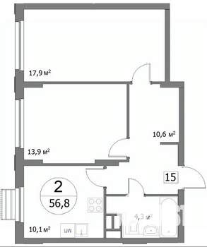 2-к квартира, строящийся дом, 56м2, 12/22 этаж