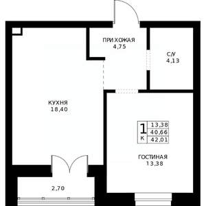 1-к квартира, строящийся дом, 42м2, 1/24 этаж