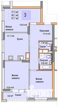 3-к квартира, вторичка, 68м2, 9/25 этаж