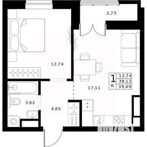 1-к квартира, строящийся дом, 39м2, 16/24 этаж