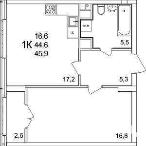 1-к квартира, вторичка, 46м2, 8/25 этаж