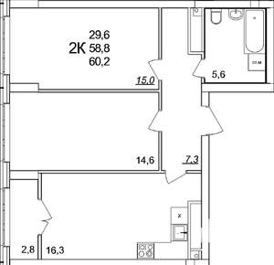 2-к квартира, вторичка, 60м2, 22/25 этаж