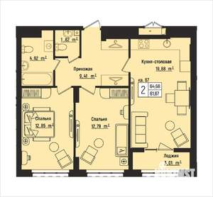 2-к квартира, вторичка, 65м2, 9/15 этаж