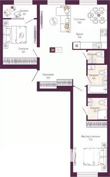 2-к квартира, вторичка, 78м2, 7/11 этаж