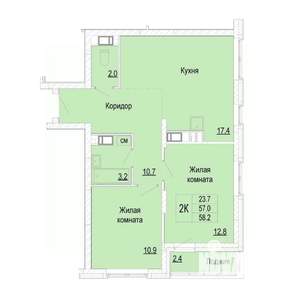 2-к квартира, вторичка, 58м2, 17/25 этаж