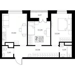 2-к квартира, строящийся дом, 57м2, 19/24 этаж