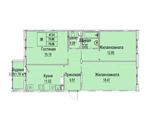 3-к квартира, вторичка, 76м2, 1/9 этаж