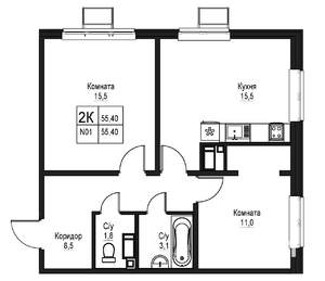 2-к квартира, строящийся дом, 55м2, 1/10 этаж
