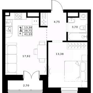 1-к квартира, вторичка, 41м2, 16/24 этаж