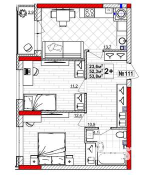 2-к квартира, сданный дом, 54м2, 1/4 этаж