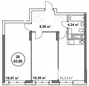 2-к квартира, вторичка, 64м2, 5/22 этаж