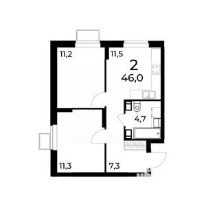2-к квартира, вторичка, 46м2, 2/15 этаж