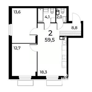 2-к квартира, вторичка, 60м2, 2/15 этаж