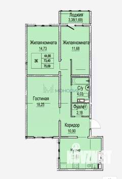 3-к квартира, сданный дом, 73м2, 4/9 этаж