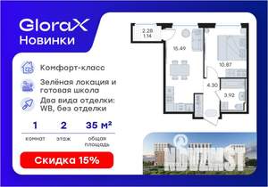 1-к квартира, вторичка, 36м2, 2/9 этаж