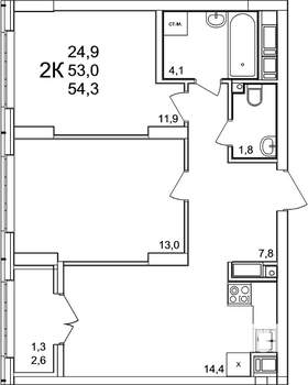 2-к квартира, вторичка, 54м2, 24/25 этаж