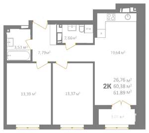 2-к квартира, вторичка, 62м2, 5/18 этаж
