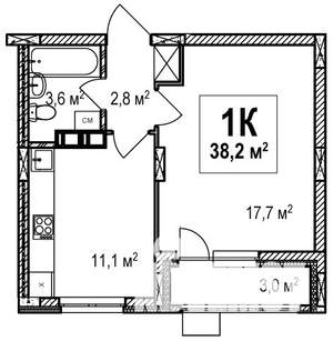 1-к квартира, строящийся дом, 38м2, 16/18 этаж