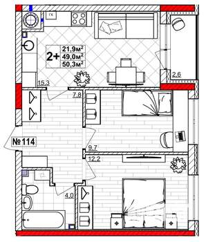 2-к квартира, вторичка, 50м2, 1/4 этаж