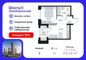 1-к квартира, вторичка, 33м2, 14/30 этаж