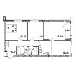 3-к квартира, строящийся дом, 67м2, 23/25 этаж