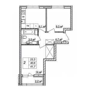 2-к квартира, строящийся дом, 42м2, 17/25 этаж