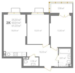 2-к квартира, вторичка, 61м2, 3/18 этаж