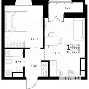 1-к квартира, строящийся дом, 39м2, 16/24 этаж