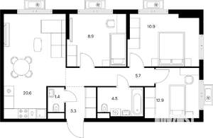 3-к квартира, вторичка, 68м2, 3/17 этаж