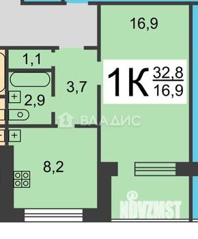 1-к квартира, вторичка, 33м2, 6/9 этаж