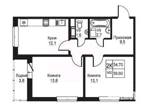 2-к квартира, строящийся дом, 54м2, 1/10 этаж