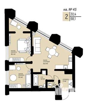 2-к квартира, вторичка, 68м2, 4/25 этаж