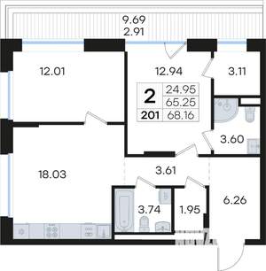 2-к квартира, вторичка, 68м2, 3/13 этаж
