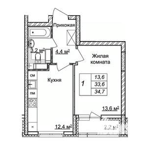 1-к квартира, строящийся дом, 35м2, 23/25 этаж