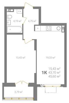 1-к квартира, вторичка, 46м2, 7/18 этаж