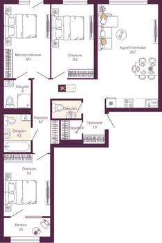 3-к квартира, вторичка, 91м2, 7/19 этаж